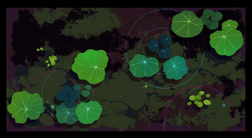 afloat algae analogous_colors black_border border commentary dark_background english_commentary from_above green_background green_theme leaf lily_pad nature no_humans original outdoors plant plant_focus pond purple_background ripples scenery shadow victoria_joh water