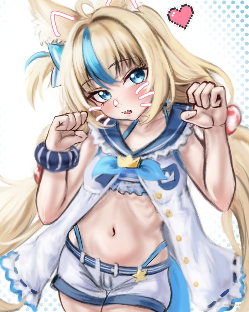 1girl absurdres ahoge animal_ears bikini blonde_hair blue_eyes blue_hair breasts cat_ears claw_pose colycycle dress fake_whiskers heart highleg highleg_bikini highres indie_virtual_youtuber long_hair looking_at_viewer multicolored_hair one_side_up open_mouth pixel_heart sameko_saba short_shorts shorts small_breasts solo streaked_hair swimsuit very_long_hair white_dress white_shorts