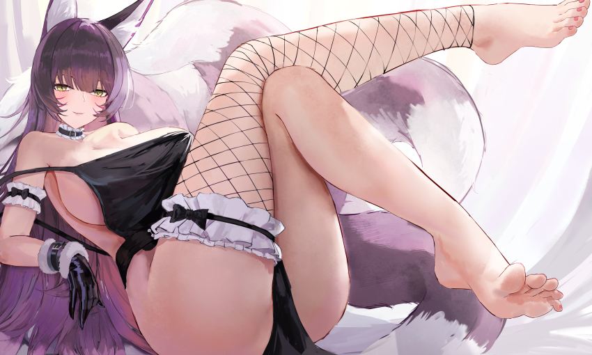 1girl absurdres animal_ear_fluff animal_ears arm_strap ass azur_lane barefoot belt_collar black_choker black_dress black_gloves breasts choker cleavage collar crossed_legs dress facial_mark feet fishnet_thighhighs fishnets foot_focus fox_ears fox_tail gloves highres huge_breasts long_hair looking_at_viewer lying multiple_tails musashi_(azur_lane) nail_polish pelvic_curtain purple_hair sideboob single_thighhigh smile solo strap_slip suo_bu_ye_feng tail thigh_strap thighhighs thighs very_long_hair whisker_markings wristband yellow_eyes