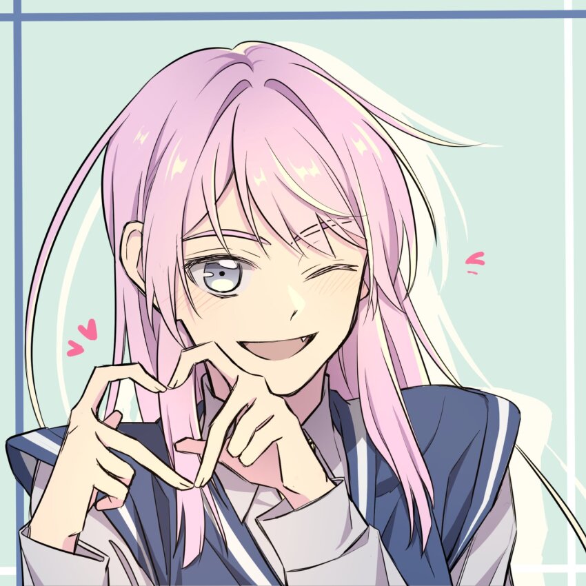 bang_dream! bang_dream!_it&#039;s_mygo!!!!! blush chihaya_anon crimppp77 fang grey_eyes heart heart_hands highres long_hair long_sleeves one_eye_closed open_mouth pink_hair simple_background