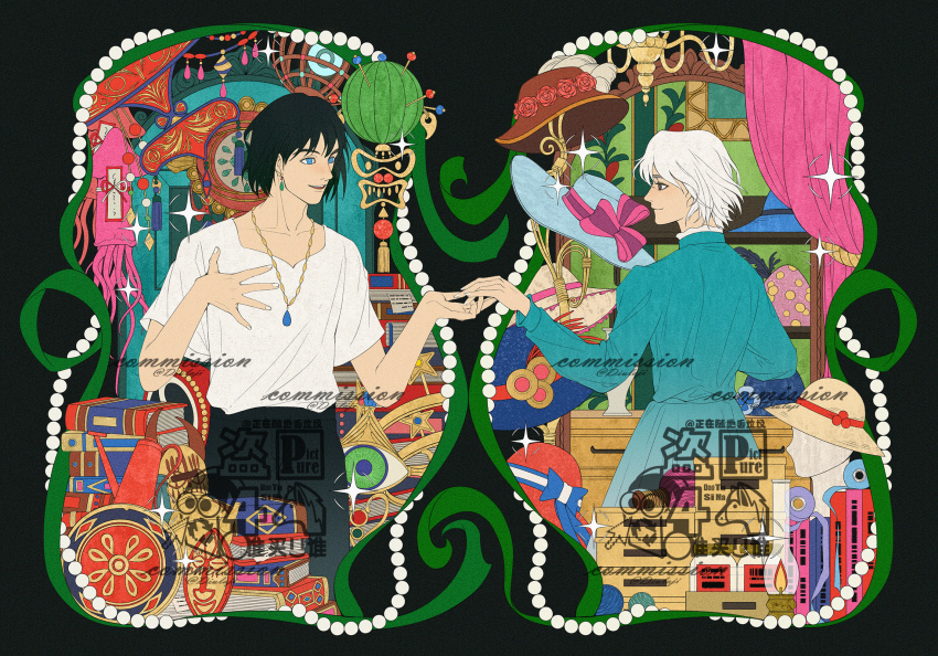 1boy 1girl 8er8er1s aqua_dress black_hair black_pants blue_eyes blue_gemstone blue_hat book brown_eyes brown_hat closed_mouth commission couple curtains dress earrings flower gem hair_between_eyes hand_on_own_chest hat hat_flower hetero highres holding_hands howl_pendragon howl_no_ugoku_shiro jewelry long_dress long_sleeves necklace pants parted_lips pearl_necklace pincushion shirt short_hair short_sleeves smile sophie_hatter sun_hat upper_body white_hair white_shirt