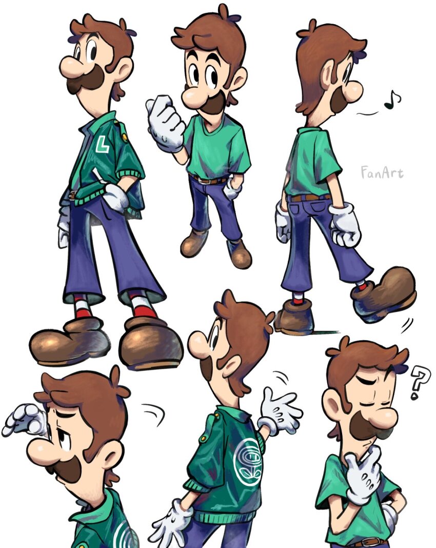1boy ? alternate_costume belt blue_pants boots brown_belt brown_boots brown_hair closed_eyes facial_hair gloves green_jacket green_shirt hand_in_pocket highres jacket luigi mario_&amp;_luigi_rpg mario_(series) masanori_sato_(style) multiple_views musical_note mustache nintendo pants red_socks shirt short_hair short_sleeves simple_background socks striped_clothes striped_socks two-tone_socks white_background white_gloves white_socks ya_mari_6363