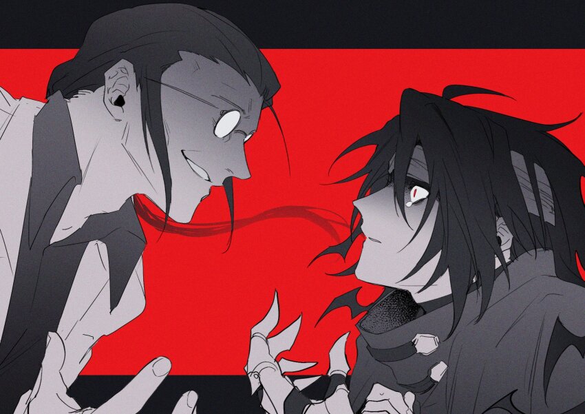2boys black_border black_hair black_shirt border clawed_gauntlets cloak collared_shirt final_fantasy final_fantasy_vii final_fantasy_vii_rebirth final_fantasy_vii_remake glasses grin hair_between_eyes hair_pulled_back hand_on_own_chest headband highres lab_coat letterboxed long_hair looking_at_another low_ponytail male_focus messy_hair monochrome multiple_boys opaque_glasses parted_lips ponytail professor_houjou red_background red_eyes shaded_face shirt smile spot_color tears teeth upper_body vincent_valentine wide-eyed zakkuchan