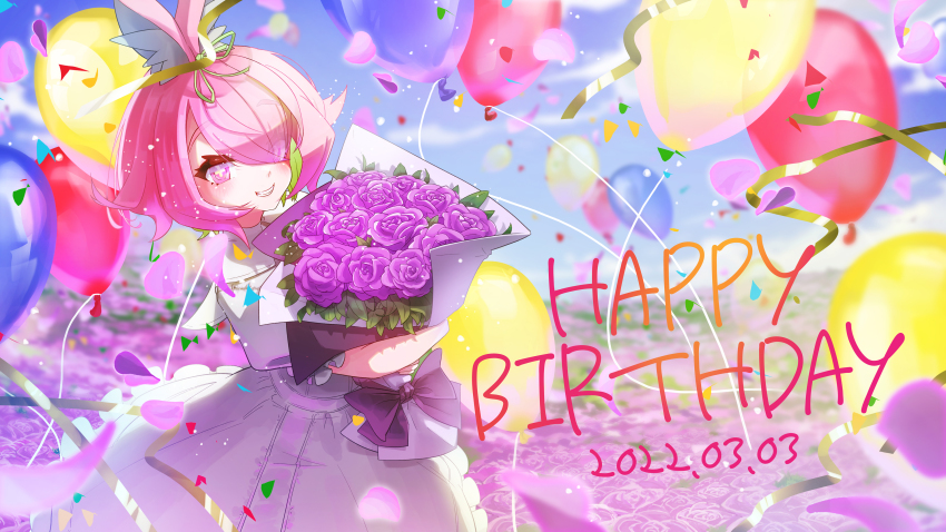 +_+ 1girl absurdres animal_ear_fluff animal_ears azuchi_momo balloon bouquet bow collared_dress dress fang field flower flower_field frilled_dress frills green_hair hair_over_one_eye hair_ribbon happy_birthday highres holding holding_bouquet juliet_sleeves long_sleeves looking_at_viewer multicolored_hair nijisanji parted_bangs pink_eyes pink_flower pink_hair pink_rose puffy_sleeves ribbon rose short_hair smile solo thick_eyelashes virtual_youtuber white_dress yurakusai