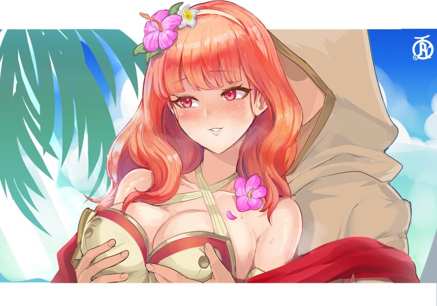 1boy 1girl bare_shoulders beach bikini blush breasts breath brown_bikini celica_(fire_emblem) celica_(summer)_(fire_emblem) cleavage collarbone criss-cross_halter fire_emblem fire_emblem_echoes:_shadows_of_valentia fire_emblem_heroes flower flower_hairband grabbing_another&#039;s_breast grabbing_from_behind groping hair_flower hair_ornament hairband halterneck heavy_breathing hetero highres hood kiran_(fire_emblem) large_breasts lips long_hair male_kiran_(fire_emblem) naughty_face nintendo ocean official_alternate_costume outdoors palm_tree parted_lips red_eyes red_hair revolverwing smile solo_focus summer swimsuit tree upper_body