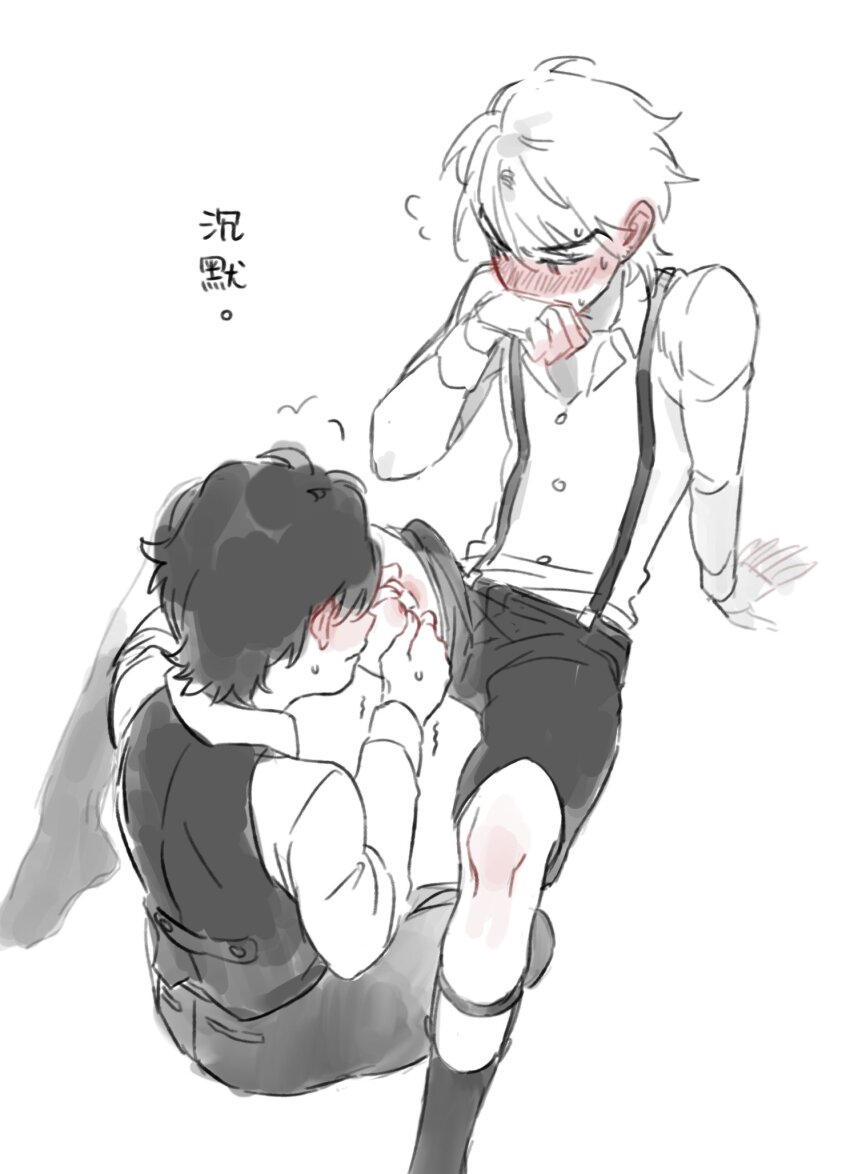 2boys aged_down bandaid_on_thigh blush covering_own_mouth dio_brando full-face_blush healing highres honlo jojo_no_kimyou_na_bouken jonathan_joestar leg_strap long_sleeves male_focus monochrome multiple_boys phantom_blood shirt short_hair shorts sitting socks suspenders sweat sweatdrop trembling vest yaoi