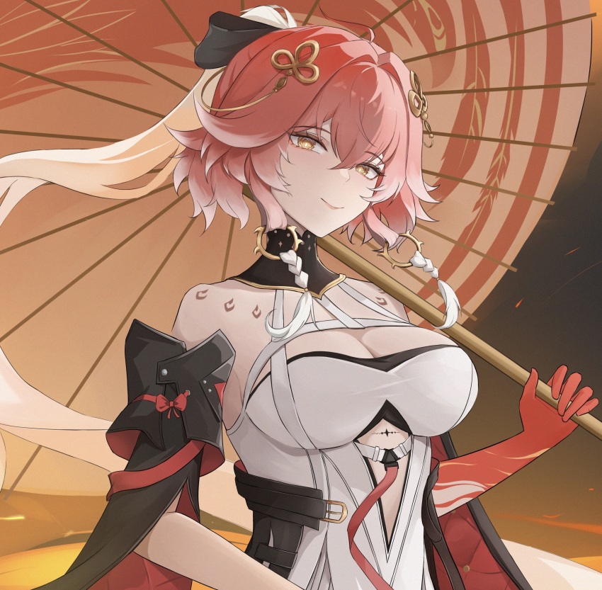 1girl absurdres bare_shoulders breasts changli_(wuthering_waves) chinese_clothes cleavage closed_mouth cropped dress duplicate gloves hair_between_eyes hair_ornament highres holding holding_umbrella kai_(zzdv7453) large_breasts long_hair looking_at_viewer oil-paper_umbrella pink_hair red_gloves smile solo umbrella white_dress wuthering_waves yellow_eyes