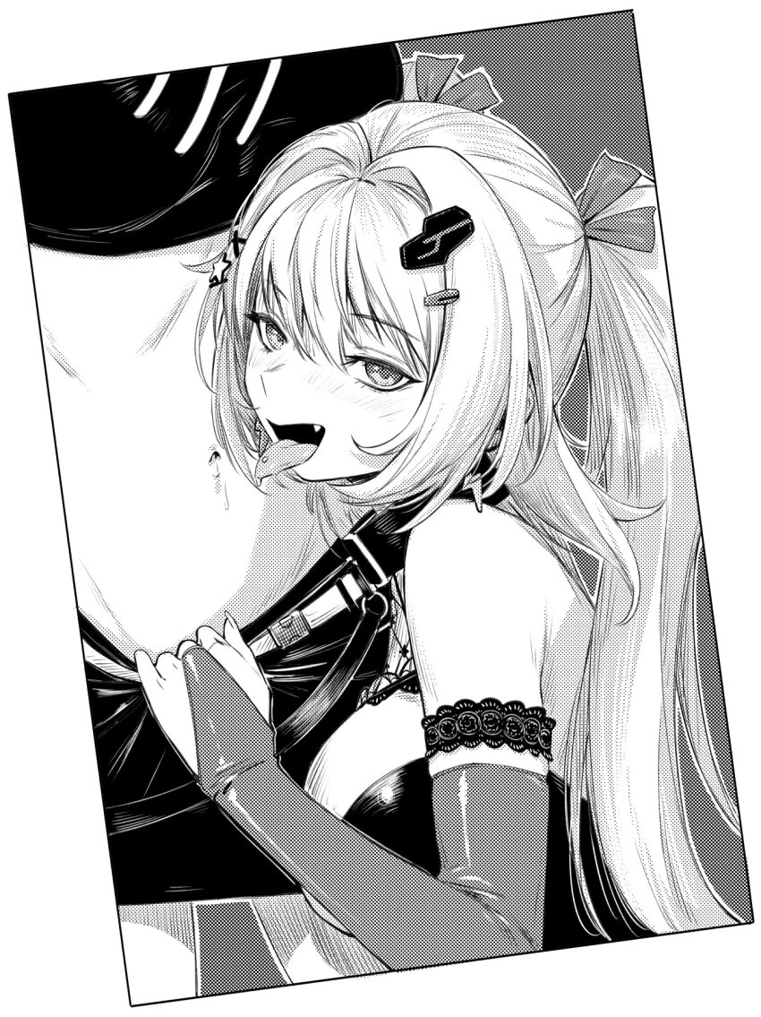 2girls agemmata bare_shoulders blunt_bangs blush breasts character_request dress elbow_gloves gloves greyscale hair_ornament highres long_hair looking_at_viewer monochrome multiple_girls open_mouth phase_connect ribbon rinkou_ashelia rinkou_ashelia_(lia_2.0) saliva tongue tongue_out virtual_youtuber
