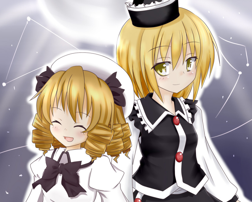 2girls beam blonde_hair bow buttons constellation dress drill_hair closed_eyes female_focus grey_background hachimi hair_ribbon hat light long_sleeves looking_at_another luna_child lunasa_prismriver multiple_girls night night_sky open_mouth ribbon short_hair sky smile star_(sky) touhou vest white_dress yellow_eyes