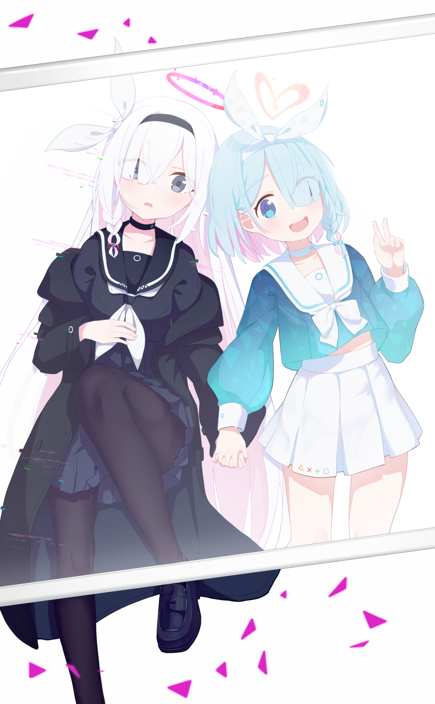 2girls 4ba_nana absurdres arona_(blue_archive) artist_name augmented_reality black_choker black_coat black_eyes black_footwear black_hairband black_pantyhose black_sailor_collar black_serafuku black_shirt black_skirt blue_archive blue_eyes blue_hair blue_pupils blue_serafuku blue_shirt blush braid buttoned_cuffs buttons cellphone_photo choker coat coat_partially_removed collarbone colored_inner_hair commentary cropped_legs dated eyes_visible_through_hair glitch hair_over_one_eye hair_ribbon hairband halo heart heart_halo highres holding_hands interlocked_fingers light_blue_hair loafers long_hair long_sleeves midriff_peek miniskirt mismatched_pupils multicolored_hair multiple_girls open_clothes open_coat open_mouth pantyhose pink_hair pink_halo pink_pupils plana_(blue_archive) pleated_skirt puffy_long_sleeves puffy_sleeves ribbon sailor_collar sailor_shirt school_uniform serafuku shirt shoes short_hair side_braid simple_background single_braid skirt taking_picture teeth twitter_username two-tone_hair upper_teeth_only v very_long_hair viewfinder white_background white_choker white_hair white_hairband white_ribbon white_sailor_collar white_skirt