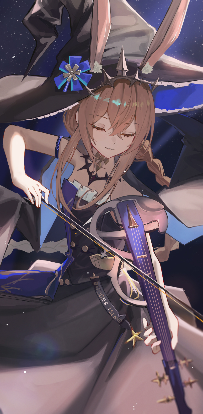 1girl absurdres ambience_synesthesia amiya_(arknights) amiya_(medic)_(arknights) amiya_(medic)_(solo_around_the_world)_(arknights) animal_ears arknights armlet black_cape black_dress black_hat blue_hat bow_(music) brown_hair cape closed_eyes commentary crossed_bangs dress ears_through_headwear english_commentary frilled_dress frilled_hat frills haimaotuanzi hair_between_eyes hat highres holding holding_bow_(music) holding_instrument instrument jewelry long_hair mixed-language_commentary music official_alternate_costume parted_lips playing_instrument smile solo two-sided_fabric two-sided_headwear witch_hat