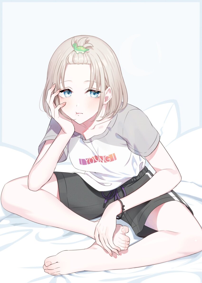 1girl bare_legs barefoot blush bracelet folded_hair forehead full_body grey_hair hand_on_own_cheek hand_on_own_face head_rest highres idolmaster idolmaster_shiny_colors jewelry raglan_sleeves serizawa_asahi sitting solo spread_toes toes yuura