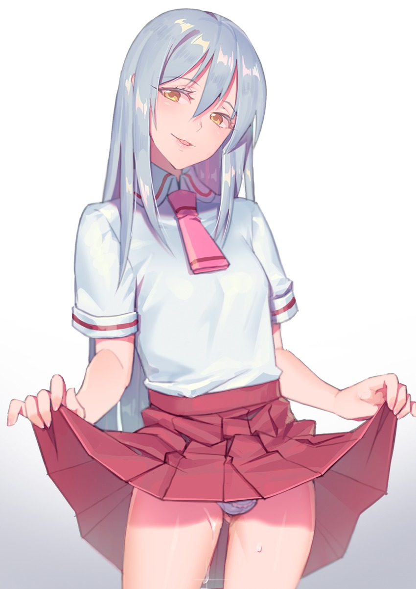 10s 1boy aozora_tsugumi asobi_asobase bulge collared_shirt colored_eyelashes cowboy_shot crossdressing crossdressing_(mtf) fiodo gluteal_fold gradient_background grey_background hair_between_eyes head_tilt highres lifting_own_clothes long_hair looking_at_viewer male_focus necktie panties pantyshot parted_bangs parted_lips pink_necktie pleated_skirt red_necktie red_skirt shirt short_sleeves silver_hair skirt smile solo standing sweat trap underwear very_long_hair white_background white_shirt yellow_eyes