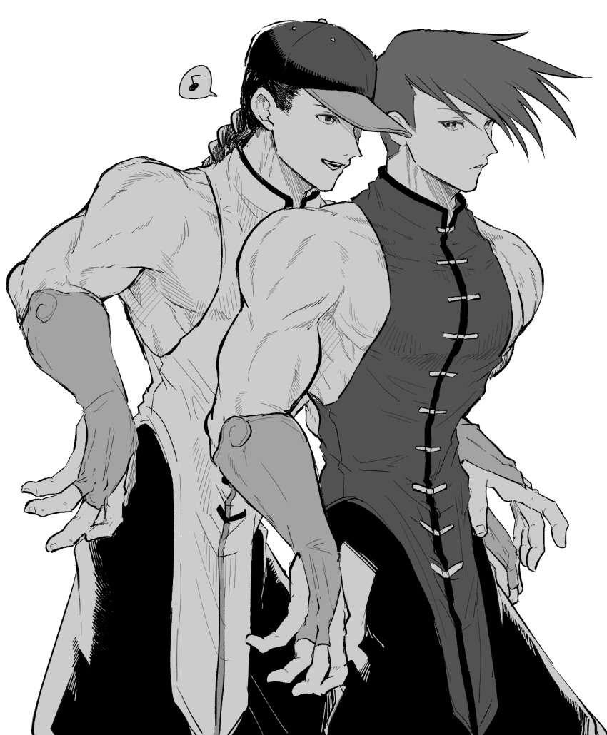 2boys bare_shoulders baseball_cap braid bridal_gauntlets brothers chinese_clothes feet_out_of_frame greyscale hat highres ikinaribaguruna long_bangs looking_back male_focus monochrome multiple_boys musical_note open_mouth pants puffy_pants siblings simple_background single_braid sleeveless speech_bubble spoken_musical_note standing street_fighter street_fighter_iii_(series) teeth twins white_background yang_lee yun_lee