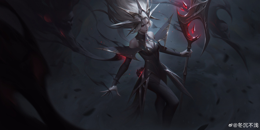 1girl absurdres artist_name blonde_hair breasts cleavage closed_mouth coven_janna dongchenbuqian feet_out_of_frame fog highres holding holding_staff janna_(league_of_legends) league_of_legends legends_of_runeterra long_hair looking_ahead official_alternate_costume official_alternate_hairstyle outdoors red_eyes sidelocks signature solo staff wind