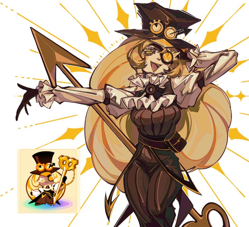 1girl :d alternate_skin_color arrow_(symbol) aynm010330 black_gloves blonde_hair blush_stickers breasts brown_hat chibi chibi_inset commentary cookie_run cookie_run:_ovenbreak english_commentary eyepatch frilled_sleeves frills gears gloves hand_in_own_hair hat highres humanization lips long_hair long_sleeves lowered_eyelids medium_breasts official_art_inset open_mouth orange_lips ouji_fashion pale_skin pants pinstripe_pants pinstripe_pattern ringed_eyes sidelocks smile teeth timekeeper_cookie