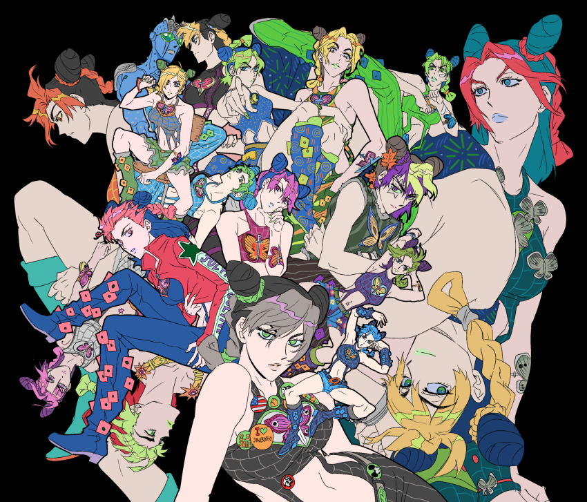 arm_tattoo arms_up black_hair blonde_hair blue_eyes blue_hair blue_lips braid braided_ponytail breasts bun_with_braided_base chair commentary_request crop_top double_bun frown green_eyes green_hair green_lips green_nails grey_hair hair_bun hair_ornament halterneck head_tilt highres jacket jeonjin_(mynamebazin) jojo_no_kimyou_na_bouken korean_commentary kuujou_jolyne leaf_hair_ornament medium_breasts micro_shorts miniskirt multicolored_hair multiple_persona navel_piercing official_alternate_costume official_alternate_hairstyle orange_eyes orange_hair piercing pin pink_eyes pink_hair pointing pointing_at_viewer purple_hair red_hair red_jacket shorts sitting skirt smile stand_(jojo) stone_free stone_ocean tattoo two-tone_hair wristband yellow_eyes