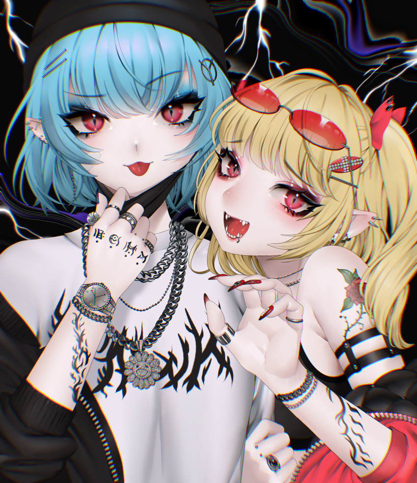 2girls alternate_costume arm_tattoo armpit_crease armpit_peek bare_shoulders bitaro black_jacket blonde_hair blue_hair chain claw_pose commentary_request contemporary ear_piercing eyelashes eyeshadow eyewear_on_head fangs fingernails flandre_scarlet flower flower_necklace hair_ornament hair_ribbon hairpin hand_tattoo hand_up hat head_tilt highres jacket jewelry lightning lip_piercing long_fingernails looking_at_viewer makeup mask mask_pull unworn_mask multiple_girls nail_polish necklace off_shoulder one_side_up open_mouth outstretched_hand piercing pointy_ears raised_eyebrow red-tinted_eyewear red_eyes red_nails red_ribbon remilia_scarlet ribbon ring rose sharp_fingernails shirt short_hair shoulder_strap shoulder_tattoo siblings sidelocks sisters smile sunglasses_on_head tattoo tinted_eyewear tongue tongue_out tongue_piercing touhou upper_body watch white_shirt wristband wristwatch