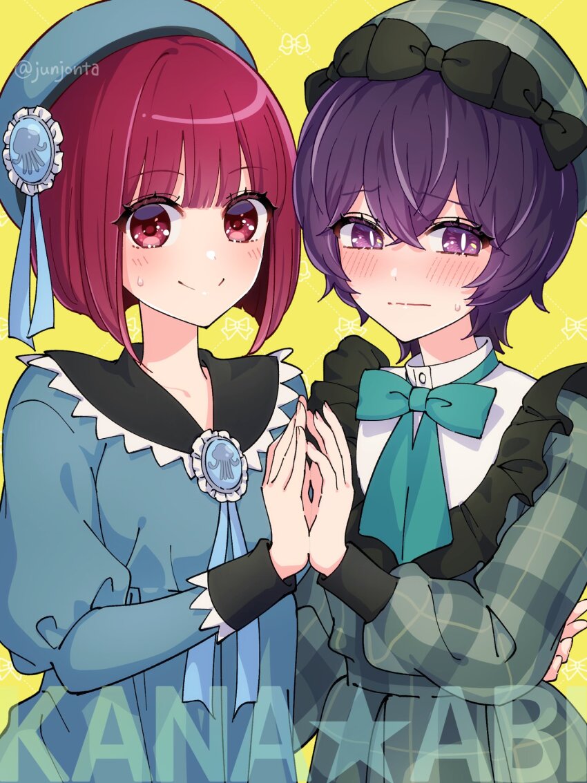 2girls aqua_bow aqua_bowtie aqua_dress aqua_hat arima_kana beret blue_ribbon blush bob_cut bow bowtie closed_mouth dress green_bow green_dress green_hat hat hat_bow highres inverted_bob junjonta looking_at_viewer medium_hair multiple_girls oshi_no_ko purple_eyes purple_hair red_eyes red_hair ribbon samejima_abiko short_hair smile