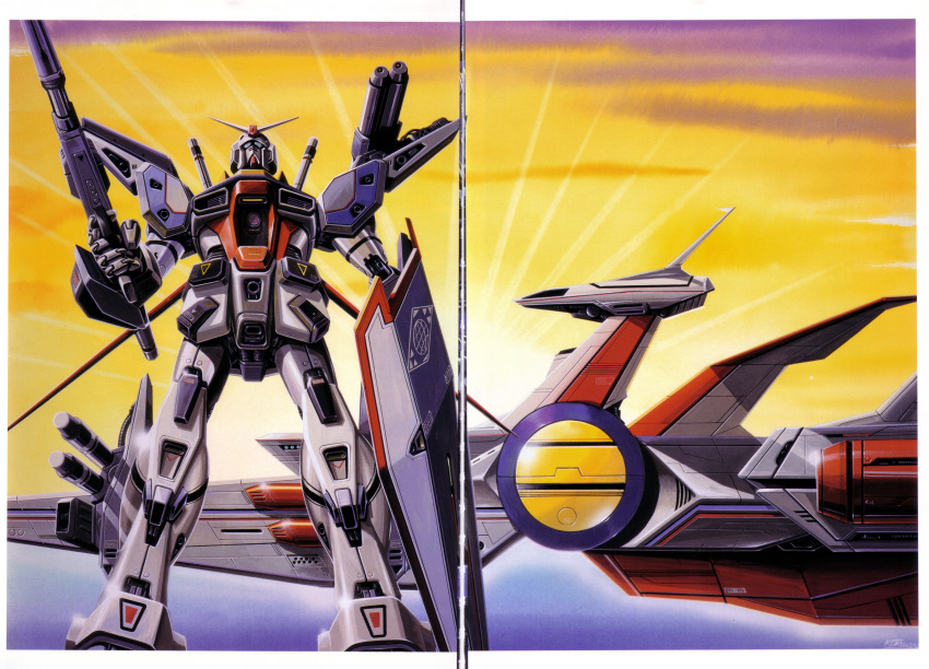 1990s_(style) absurdres beam_rifle cloud cloudy_sky dusk earth_federation energy_gun f90_gundam flying gundam gundam_f90 highres machinery magazine_scan mecha mecha_focus missile mobile_suit ookawara_kunio painting_(medium) radar_dish radio_antenna radome realistic retro_artstyle robot roundel scan science_fiction shield sky spacecraft traditional_media v-fin weapon window