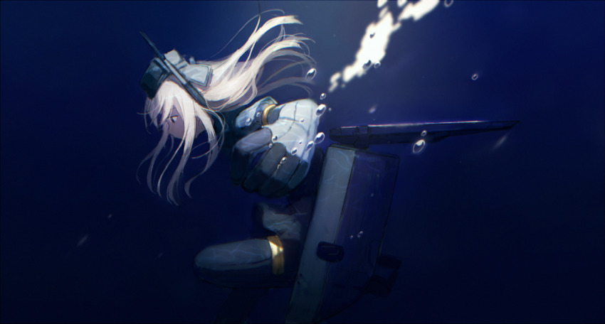 1girl air_bubble blue_hat bodysuit bubble closed_mouth commentary diving_suit from_side garrison_cap grey_hair hai_(haihki) hat headgear kantai_collection long_hair profile rigging solo swimsuit u-511_(kancolle) underwater wetsuit white_hair