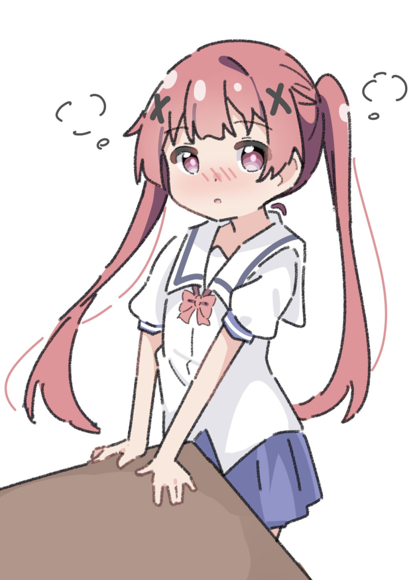 1girl blush hair_ornament highres kapuru_0410 long_hair nose_blush parted_lips pleated_skirt puffy_sleeves school_uniform shirt short_sleeves skirt solo tanemura_koyori twintails watashi_ni_tenshi_ga_maiorita! white_background white_shirt x_hair_ornament