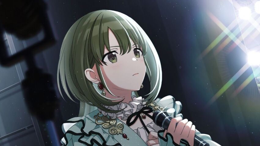 1girl earrings game_cg green_eyes green_hair holding holding_microphone idolmaster idolmaster_shiny_colors jewelry microphone multicolored_hair nanakusa_nichika neck_ribbon official_art ribbon solo