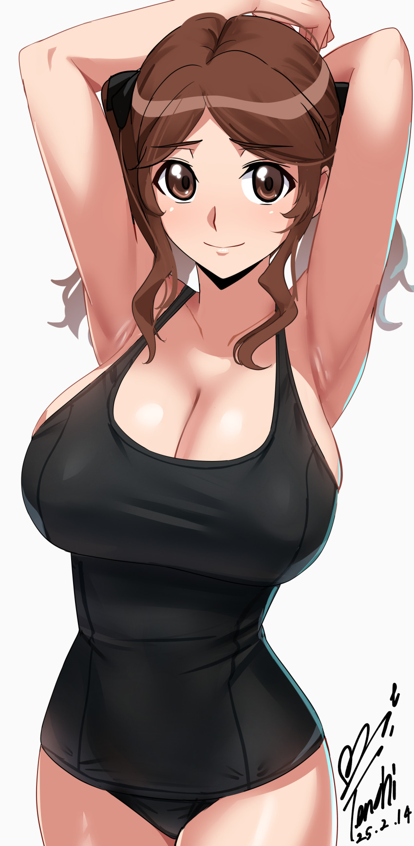 1girl absurdres amagami armpits arms_up black_one-piece_swimsuit blush breasts brown_eyes brown_hair cleavage closed_mouth collarbone commentary_request dated highres large_breasts long_hair looking_at_viewer nakata_sae old_school_swimsuit one-piece_swimsuit school_swimsuit signature simple_background smile solo swimsuit twintails wavy_hair white_background yoo_tenchi