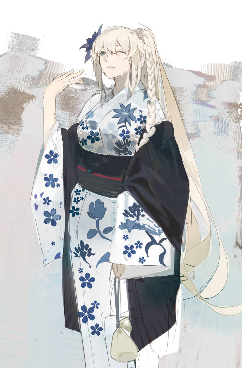 1girl blonde_hair blue_eyes braid fanning_self fate/grand_order fate_(series) flower hair_flower hair_ornament highres japanese_clothes kimono long_hair morgan_le_fay_(fate) morgan_le_fay_(fgo_fes._2023)_(fate) obi one_eye_closed pale_skin parted_lips ponytail pouch sash single_braid solo sweat very_long_hair yaruyan yukata