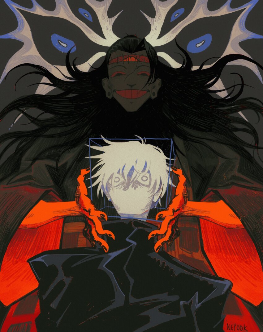 2boys black_hair black_jacket black_kimono body_horror brain colored_skin gakuran getou_suguru getou_suguru_(kenjaku) gojou_satoru grin highres jacket japanese_clothes jujutsu_kaisen kesa kimono long_hair loose_hair_strand male_focus multiple_boys nepook no_mouth plug_(piercing) school_uniform smile stitched_face stitches teeth white_hair white_skin wide-eyed wide_sleeves