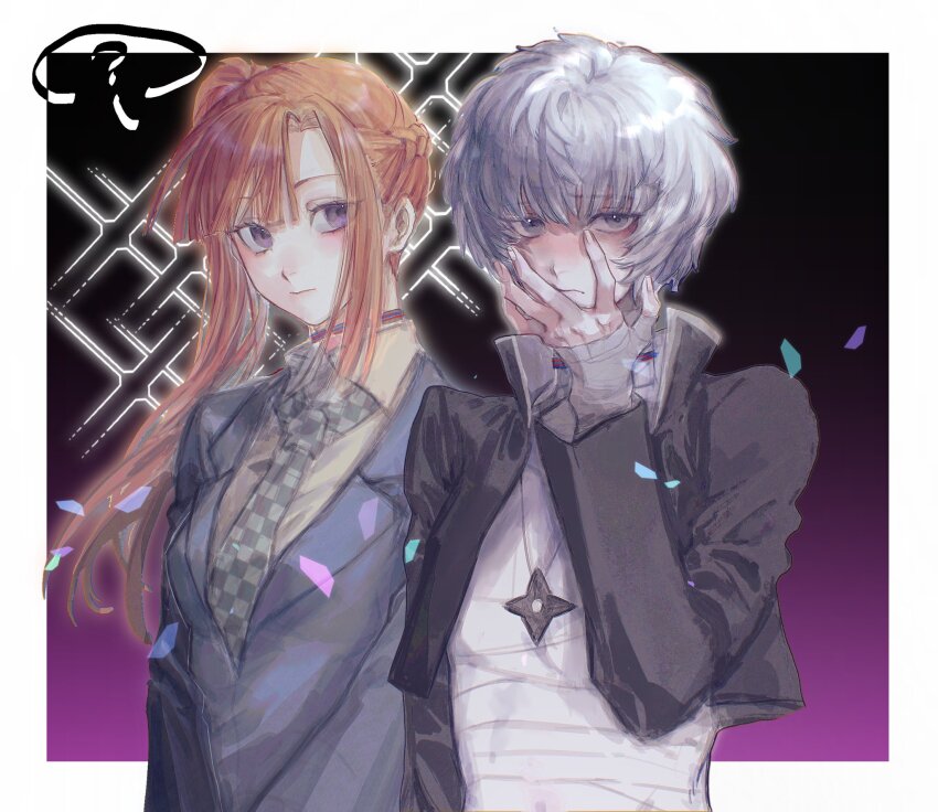 1boy 1girl ? asymmetrical_bangs bandaged_hand bandaged_torso bandages black_jacket blue_jacket blush checkered_necktie chidouin_sara closed_mouth cropped_jacket green_necktie highres jacket kageyama_ranmaru kimi_ga_shine long_hair long_sleeves looking_at_viewer necktie orange_hair purple_eyes school_uniform short_hair shuriken_necklace side_ponytail sonobeno_high_school_uniform white_hair yezizizzzz02