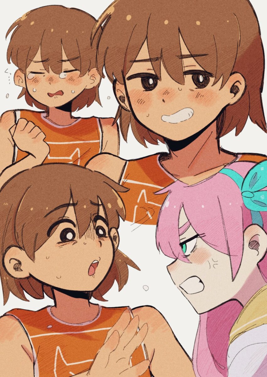 1boy 1girl aqua_eyes aqua_hairband aubrey_(faraway)_(omori) aubrey_(omori) bare_shoulders black_eyes bow_hairband bright_pupils clenched_hand clenched_teeth cropped_shoulders crying double-parted_bangs eye_contact face-to-face film_grain furrowed_brow grin hair_behind_ear hair_between_eyes hairband hand_up hashtag-only_commentary hatching_(texture) highres kel_(faraway)_(omori) kel_(omori) long_hair looking_at_another looking_at_viewer multiple_views no_sclera omori orange_tank_top pasuta928008 portrait profile sailor_collar short_hair sideways_mouth simple_background smile sweat tank_top teeth white_background white_pupils wide-eyed yellow_sailor_collar