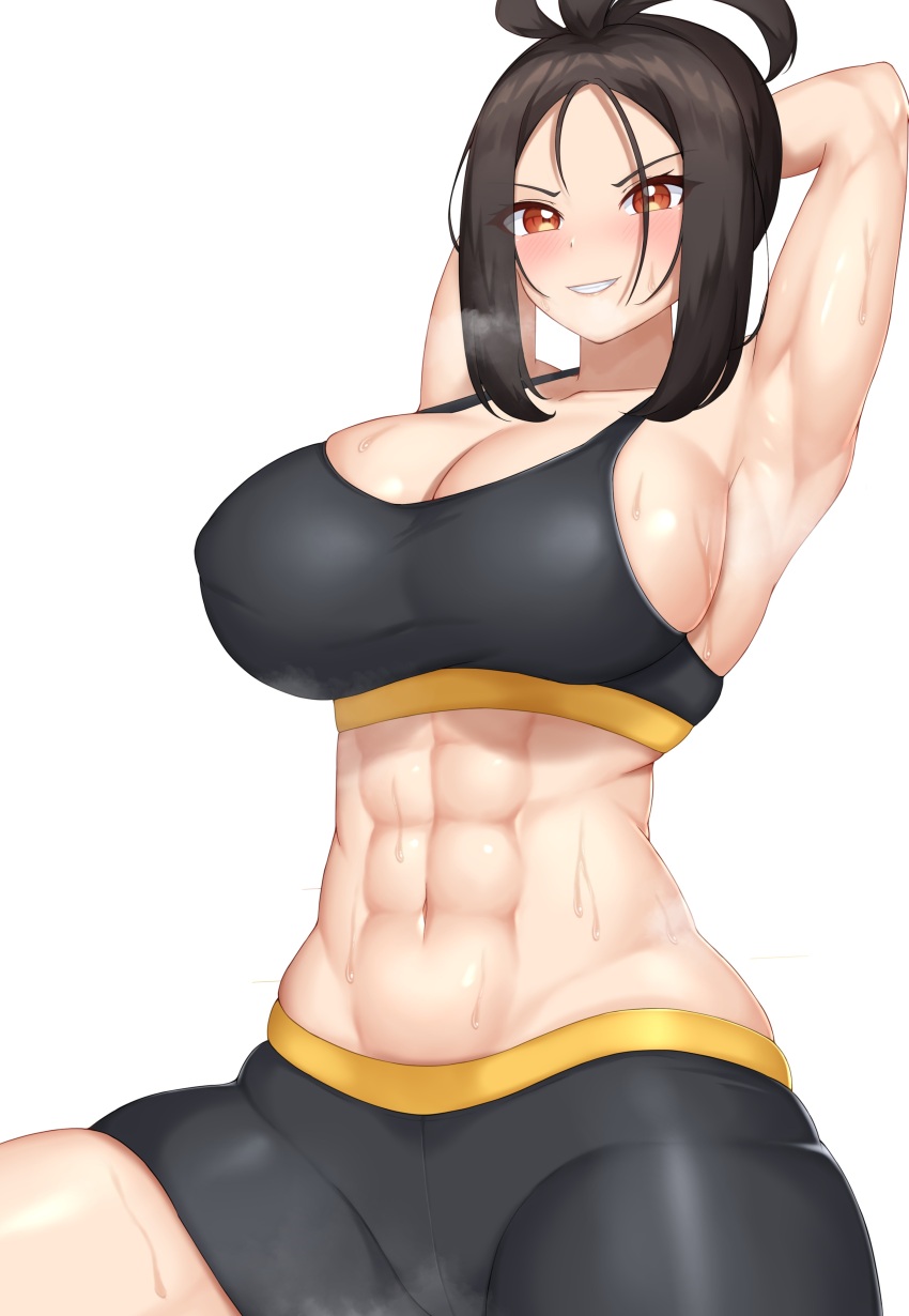 1girl abs absurdres armpits arms_behind_head bike_shorts black_hair black_shorts black_sports_bra breasts brown_eyes cleavage commentary_request dendra_(pokemon) game_freak highres large_breasts looking_at_viewer navel nintendo parted_bangs parted_lips pokemon pokemon_sv sharen shorts sideboob smile solo sports_bra steaming_body sweat toned white_background