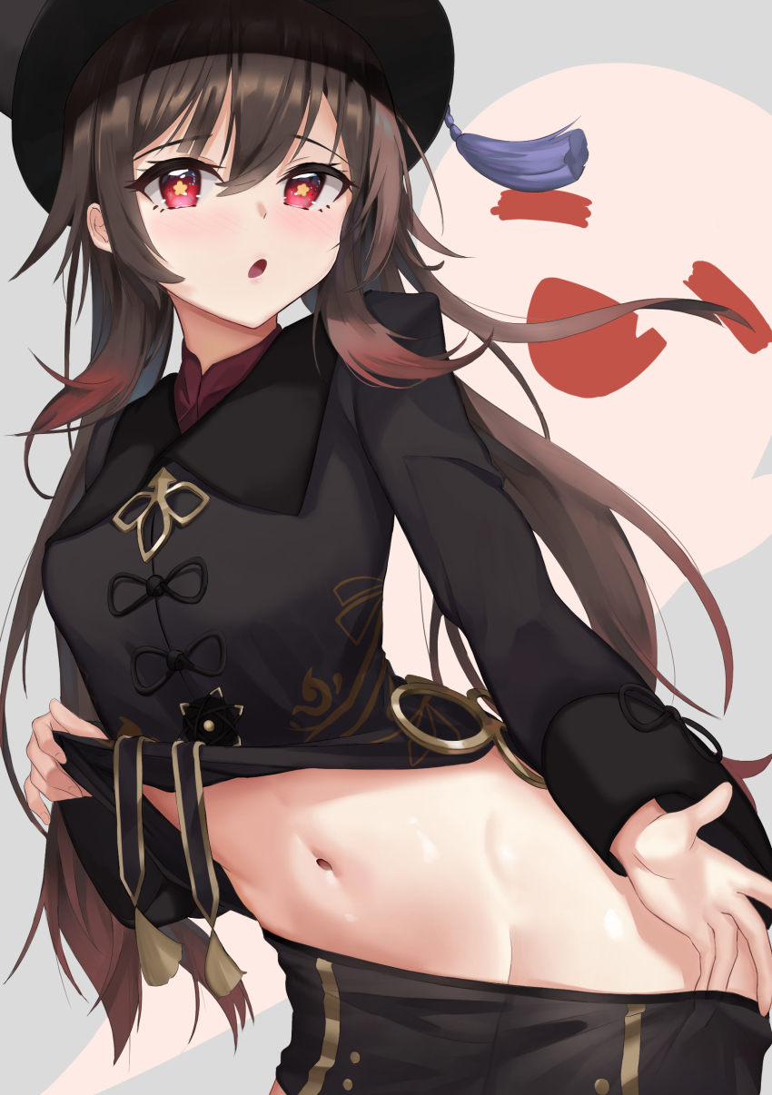 1girl :o =_= absurdres black_hat black_shirt black_shorts blue_background blush breasts brown_hair chinese_clothes clothes_lift clothes_pull commentary cowboy_shot english_commentary genshin_impact ghost groin hair_between_eyes hat highres hu_tao_(genshin_impact) long_hair long_sleeves looking_at_viewer medium_breasts navel red_eyes shirt shirt_lift short_shorts shorts shorts_pull sidelocks skai_kun solo standing star-shaped_pupils star_(symbol) stomach symbol-shaped_pupils tailcoat tassel twintails undershirt very_long_hair