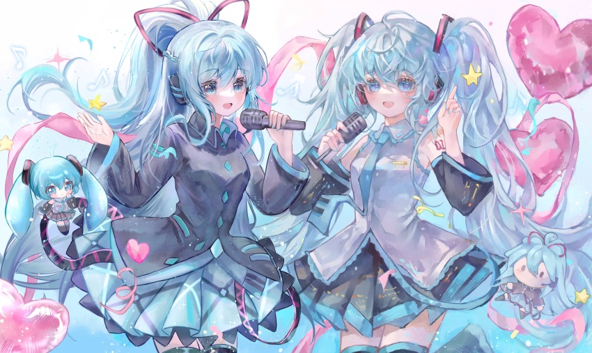 2girls absurdres aqua_eyes aqua_hair aqua_nails aqua_necktie aqua_skirt aqua_trim bare_shoulders black_shirt black_sleeves blush breasts chinese_commentary commentary_request detached_sleeves dual_persona grey_shirt hair_between_eyes hair_ribbon hatsune_miku hatsune_miku_(if) headphones headset highres keran_yezi_dong long_hair long_sleeves miniskirt multiple_girls necktie number_tattoo open_mouth piano_print pleated_skirt ponytail ribbon shirt skirt sleeveless smile tattoo thighhighs twintails very_long_hair vocaloid zettai_ryouiki