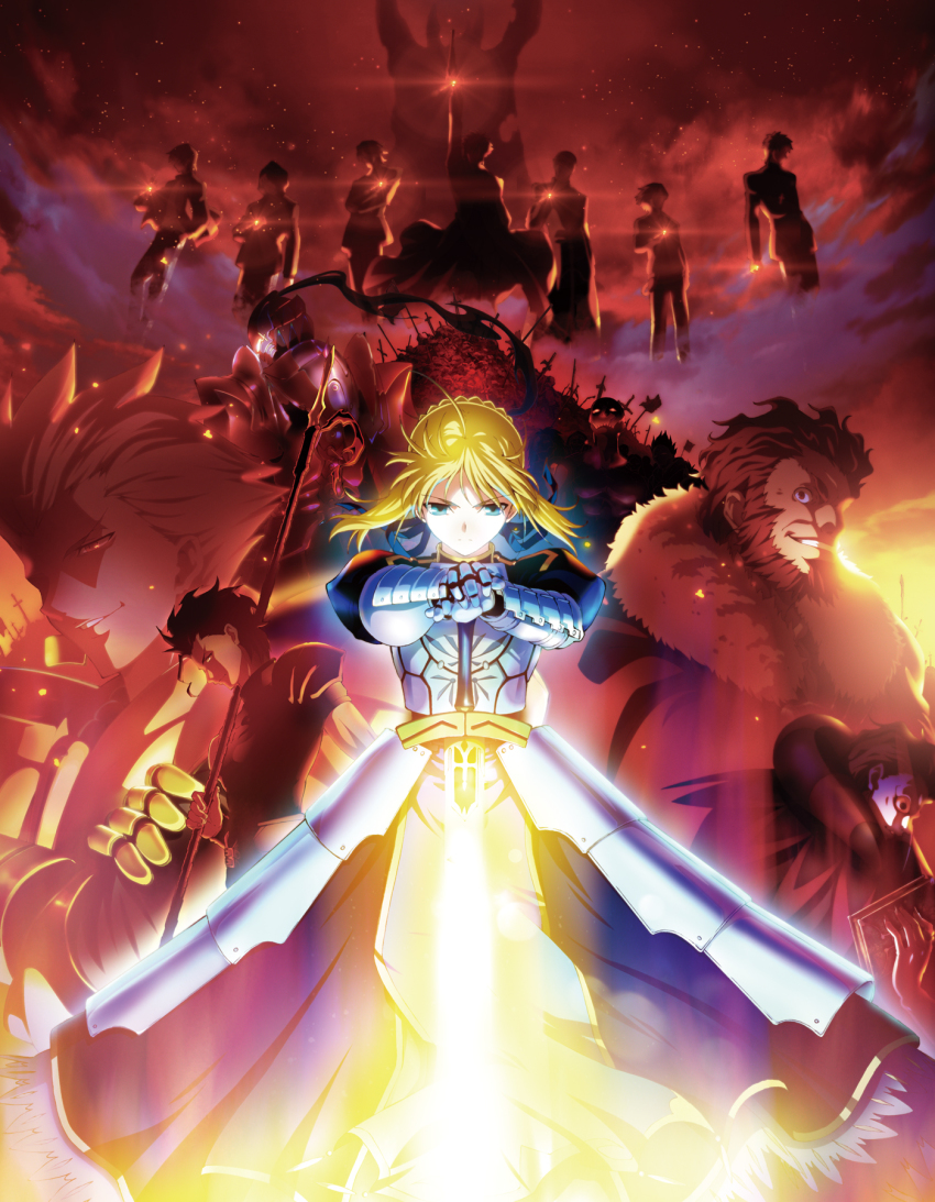 1girl 6+boys ahoge armor armored_dress artoria_pendragon_(fate) assassin_(fate/zero) berserker_(fate/zero) black_hair blonde_hair blue_eyes diarmuid_ua_duibhne_(fate) diarmuid_ua_duibhne_(lancer)_(fate) dress emiya_kiritsugu fate/zero fate_(series) full_armor gilgamesh_(fate) gilles_de_rais_(caster)_(fate) gilles_de_rais_(fate) gold_armor hair_bun helmet highres iskandar_(fate) kayneth_el-melloi_archibald key_visual kotomine_kirei kotomine_kirei_(fate/zero) long_hair matou_kariya multiple_boys official_art promotional_art red_eyes saber_(fate) single_hair_bun sword tohsaka_tokiomi uryuu_ryuunosuke waver_velvet weapon