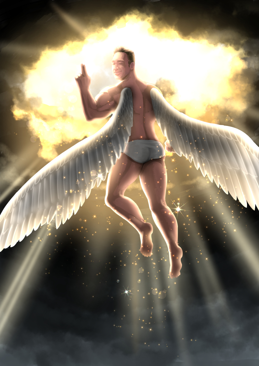 angel_wings back billy_herrington commentary flying full_body gachimuchi_pants_wrestling heaven highres light looking_at_viewer looking_back male_focus male_underwear otosama pants real_life topless_male smile solo underwear underwear_only white_male_underwear wings wrestling_(series)