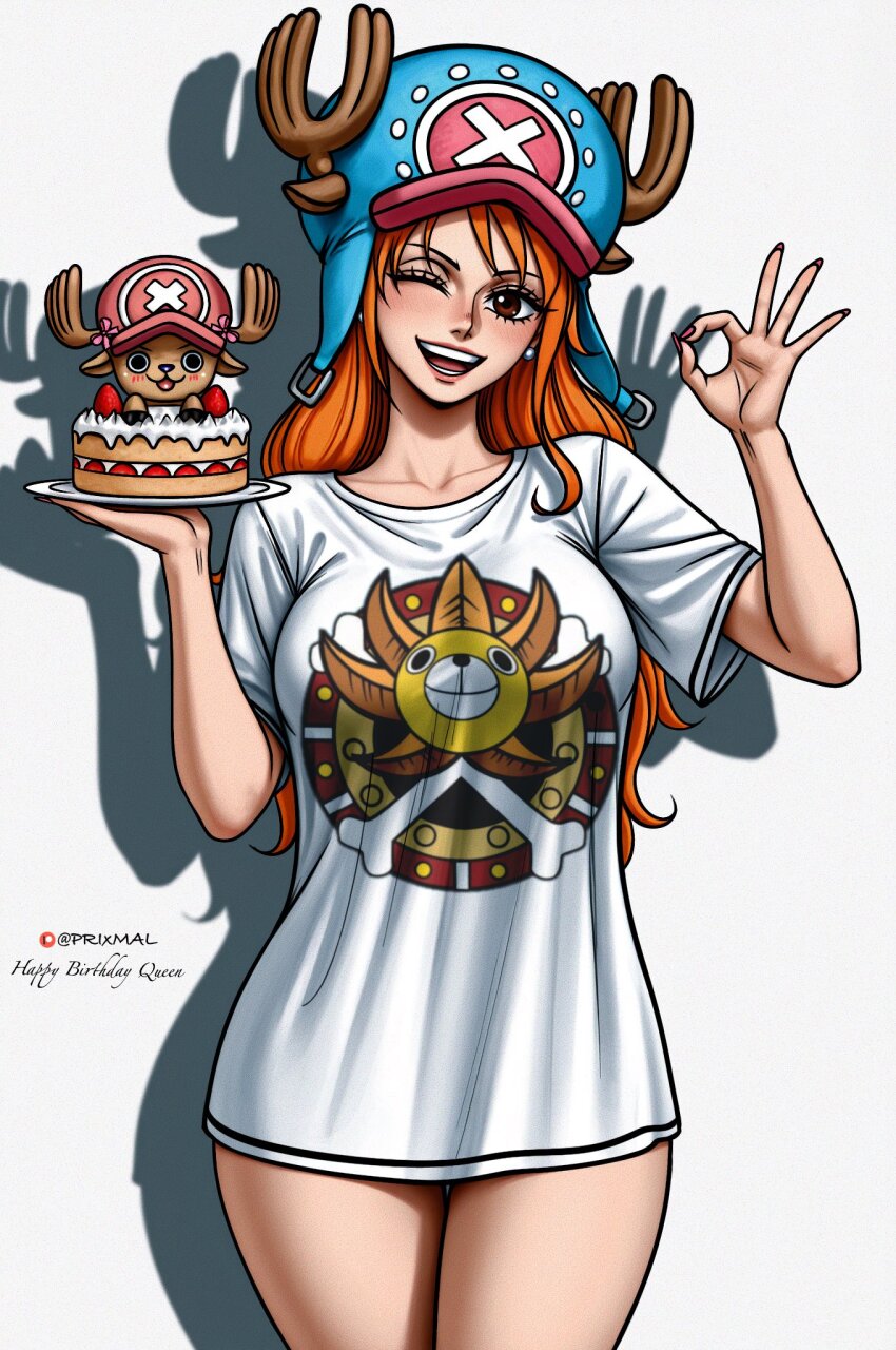 1girl antlers bare_arms birthday birthday_cake blue_hat blush breasts brown_eyes cake collarbone commentary cowboy_shot earrings english_commentary food fruit happy_birthday hat head_tilt highres holding holding_plate horns jewelry large_breasts long_hair looking_at_viewer nami_(one_piece) no_pants ok_sign one_eye_closed one_piece open_mouth orange_hair pearl_earrings pink_hat plate print_shirt prixmal reindeer_antlers shirt short_sleeves simple_background single_sidelock smile solo_focus strawberry thighs thousand_sunny tony_tony_chopper wavy_hair white_shirt