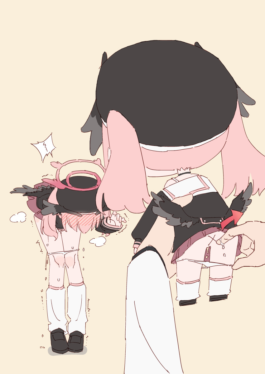 1boy 1girl absurdres after_anal anus beret black_footwear black_headwear black_shirt black_wings blue_archive blush character_doll clothes_lift collarbone doll feathered_wings flat_chest halo hand_up hat head_wings highres holding holding_doll koharu_(blue_archive) leaning_forward loafers long_sleeves loose_socks low_wings medium_hair miniskirt off_shoulder panties panty_pull pee peeing pink_hair pink_halo pink_skirt pleated_skirt rune_(dualhart) sailor_collar sailor_shirt school_uniform sensei_(blue_archive) serafuku shared_sense shirt shoes simple_background single_bare_shoulder skirt skirt_lift sleeves_past_wrists socks speech_bubble twintails underwear voodoo_doll white_panties white_sailor_collar white_socks wings x_anus yellow_background