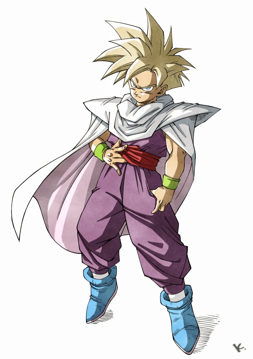1boy blue_boots blue_eyes boots cape character_request dragon_ball highres jumpsuit kakeru_(dbskakeru) looking_at_viewer purple_jumpsuit simple_background solo spiked_hair toriyama_akira_(style) white_background white_cape