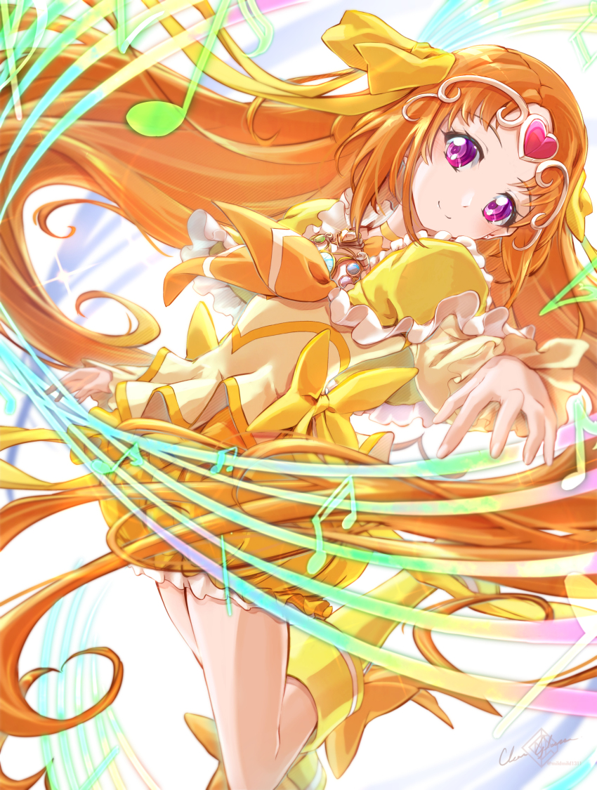1girl artist_name boots choker clear_glass_(mildmild1311) commentary_request cure_muse_(yellow) dress eyelashes frilled_dress frills hair_ornament happy highres jewelry knee_boots long_hair looking_at_viewer magical_girl musical_note orange_hair pink_eyes precure shirabe_ako signature smile solo suite_precure twitter_username yellow_boots yellow_choker yellow_dress