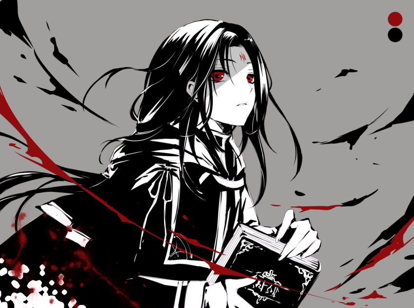 1boy book commentary_request facial_mark fire_emblem fire_emblem:_path_of_radiance forehead_mark holding holding_book long_hair male_focus nintendo red_eyes solo soren_(fire_emblem) spot_color takunori_no_soren upper_body