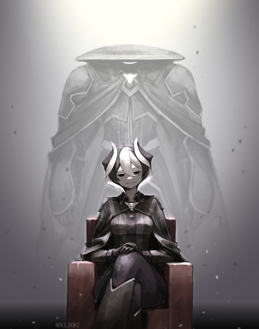 1girl absurdres armor black_armor black_cape black_eyes cape chair closed_mouth crossed_legs eki_doki gradient_background grey_background hat highres looking_at_viewer made_in_abyss multicolored_hair ozen short_hair sitting smile solo two-tone_hair whistle whistle_around_neck white_hair