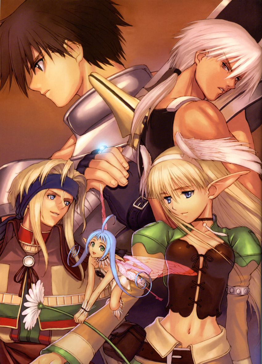 2girls 3boys absurdres ahoge armlet black_eyes black_hair blonde_hair blue_background blue_eyes blue_hair brown_background choker crop_top cupid_(shining_tears) elf elwing fairy feathers flower flying glowing gorget gradient_background green_eyes hair_between_eyes hair_rings head_wings headband highres jewelry keiner long_hair low_ponytail maple_(shining_tears) midriff mini_person minigirl multiple_boys multiple_girls narrow_waist navel own_hands_together pointy_ears ponytail red_eyes ring scan sega shining_(series) shining_tears short_hair_with_long_locks sword tony_taka v-shaped_eyebrows weapon white_hair wings xion