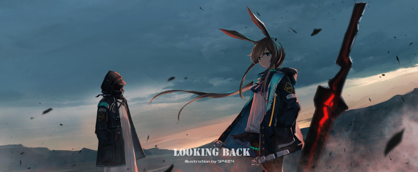 absurdres amiya_(arknights) animal_ears arknights artist_name ascot black_jacket black_pantyhose black_skirt blue_ascot blue_eyes blue_jacket brown_hair cloud cloudy_sky cowboy_shot de4d_fish debris doctor_(arknights) dress dusk evening floating_hair from_side hair_ornament hands_in_pockets highres hood hood_down hood_up hooded_jacket horizon horse_ears horse_girl infection_monitor_(arknights) jacket jewelry legs_together long_hair looking_at_viewer miniskirt open_clothes open_jacket outdoors pantyhose planted planted_sword planted_weapon pleated_skirt ponytail scenery shirt skirt sky sword thighlet very_long_hair watermark weapon white_dress white_shirt