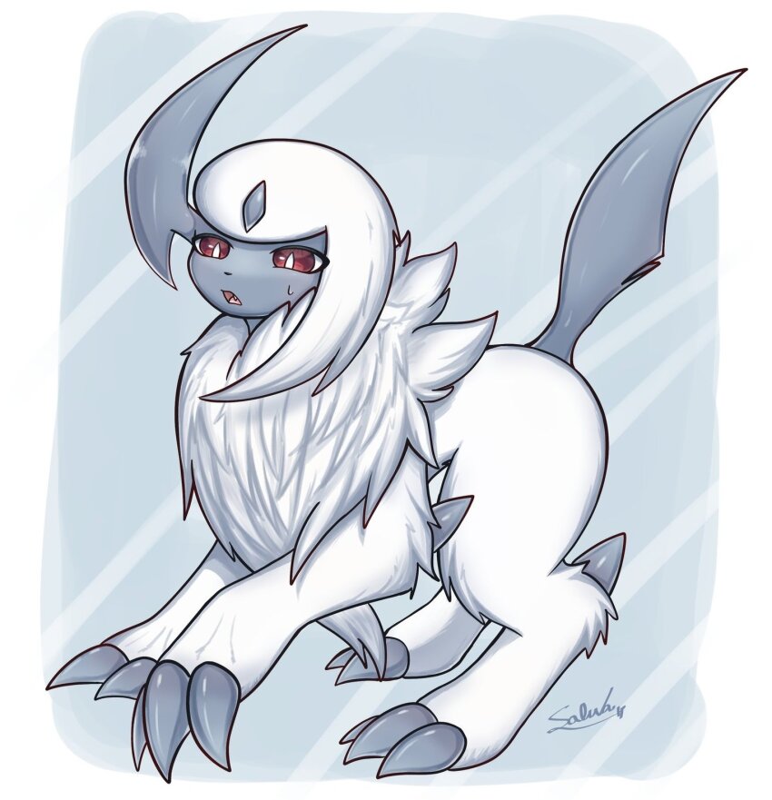 absol animal_focus claws fang gen_3_pokemon highres nintendo no_humans open_mouth pokemon pokemon_(creature) red_eyes slit_pupils solo soruva_359 sweat white_hair