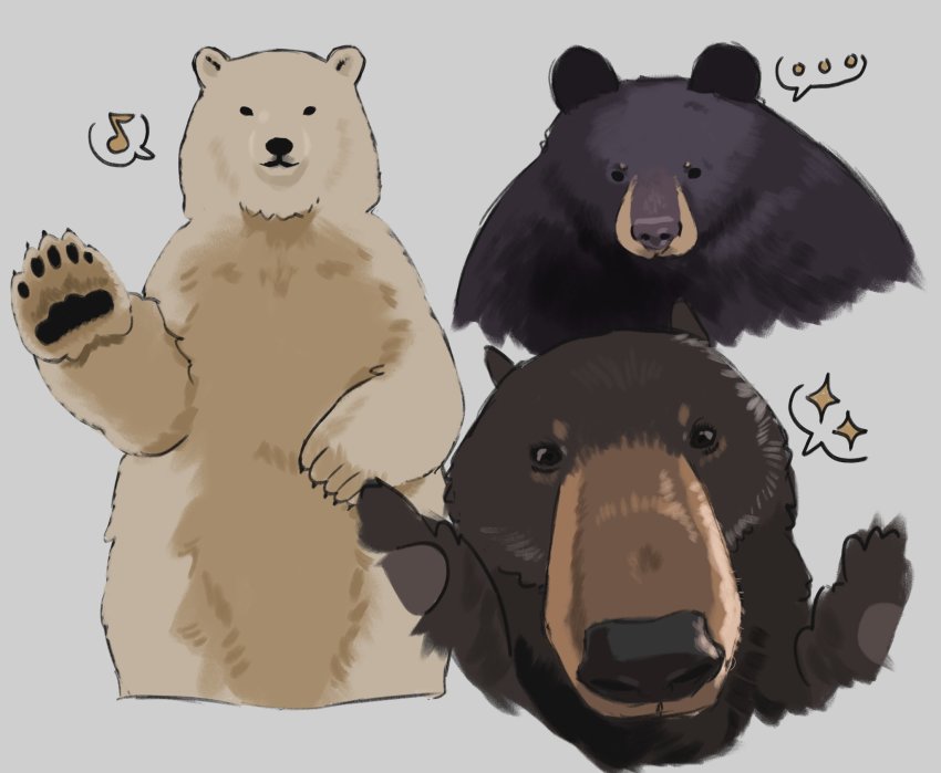... animal_focus bear black_bear close-up commentary english_commentary foreshortening grey_background brown_bear highres looking_at_viewer musical_note photo-referenced polar_bear real_life simple_background snickerdooble spoken_ellipsis spoken_musical_note spoken_sparkle upper_body waving