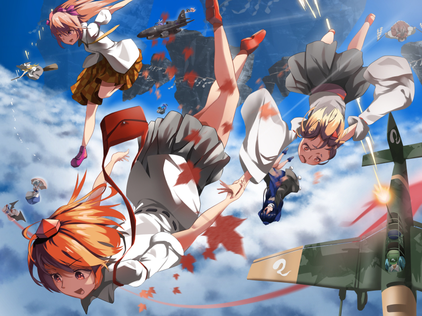 6+girls absurdres aircraft aircraft_turret airplane animal_ears bai_huashu black_skirt blue_dress blue_hair blue_sky boots bow broom broom_riding brown_eyes brown_hair brown_skirt checkered_clothes checkered_skirt cloud collared_shirt commentary detached_sleeves dress falling floating_island flying freedom_dive full_body gohei grey_hair hair_bow hakurei_reimu hat highres himekaidou_hatate hinanawi_tenshi holding holding_gohei holding_hands iizunamaru_megumu inaba_tewi inubashiri_momiji izayoi_sakuya kaname-ishi kawashiro_nitori kirisame_marisa long_hair looking_at_another multiple_girls no_tail open_mouth pointy_ears projectile_trail purple_bow purple_footwear purple_hat red_eyes red_footwear red_hat reisen_udongein_inaba remilia_scarlet scared shameimaru_aya shirt short_hair short_sleeves skirt sky smile tokin_hat touhou twintails v-shaped_eyebrows white_shirt white_sleeves wind witch_hat wolf_ears wolf_girl yamashiro_takane