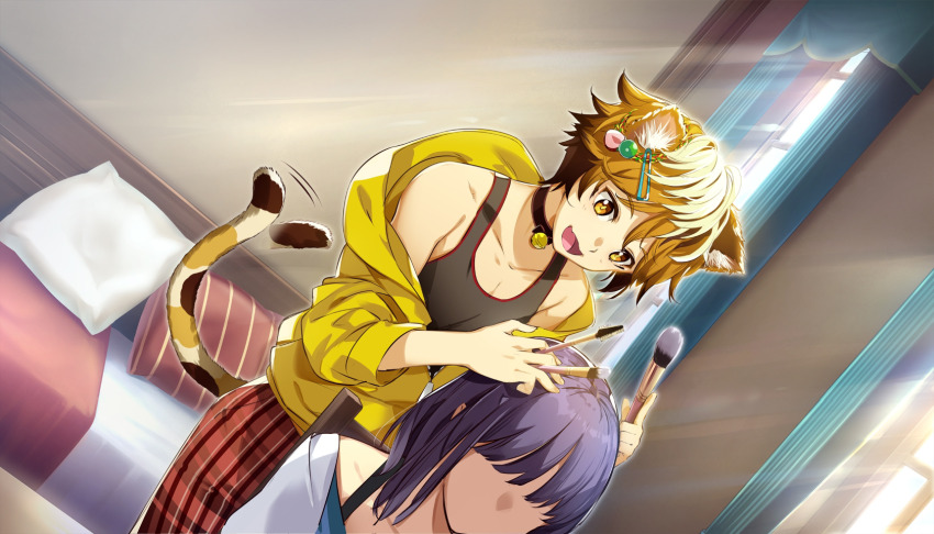 1boy 1girl animal_ear_fluff animal_ears bed bell black_bow black_choker black_tank_top blonde_hair bow brown_hair cat_boy cat_ears cat_tail choker dill_(nekopara_-_catboys_paradise) faceless faceless_female fluffy_hair food fruit g_yuusuke game_cg grin hair_ornament hairclip hands_on_another&#039;s_head hands_up highres holding holding_tool indoors jacket long_sleeves looking_at_another looking_down makeup makeup_brush mc_(nekopara_-_catboys_paradise) multicolored_tail neck_bell nekopara_-_catboys_paradise nekopara_catboys_paradise night non-web_source official_art open_clothes open_jacket open_mouth orange_hair pants pillow purple_hair red_pants short_hair sitting sliced sliced_fruit smile spots spotted_fur spotted_tail standing strawberry striped_clothes striped_pants sunlight tail tail_wagging tank_top tool_request tools window yellow_eyes yellow_jacket