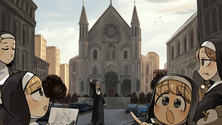 5girls :d :o bird blonde_hair blue_eyes brown_hair car chicken church closed_eyes clumsy_nun_(diva) commentary diva_(hyxpk) donut drawing_(action) duck eating english_commentary food grey_hair highres hungry_nun_(diva) little_nuns_(diva) motor_vehicle multiple_girls nun open_mouth outdoors parted_grey_nun_(diva) pencil pointing smile sparkling_eyes spicy_nun_(diva) star_nun_(diva) star_ornament traditional_nun yellow_eyes
